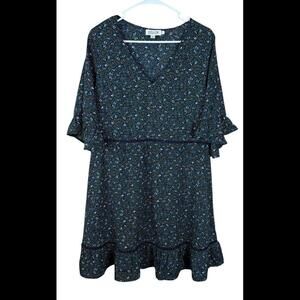 Molly Bracken Navy Green Ditzy Floral  Cottage Core‎ 3/4 Sleeve Dress XL